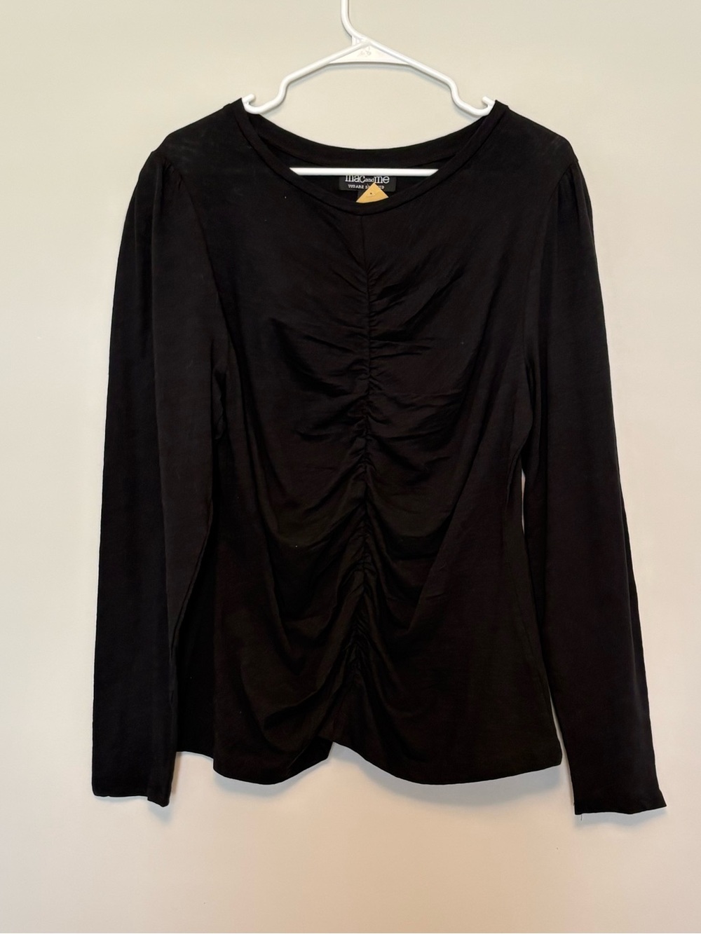 Mac and Me Black Ruched Front Long Sleeve Top NWOT XL Flattering Knit